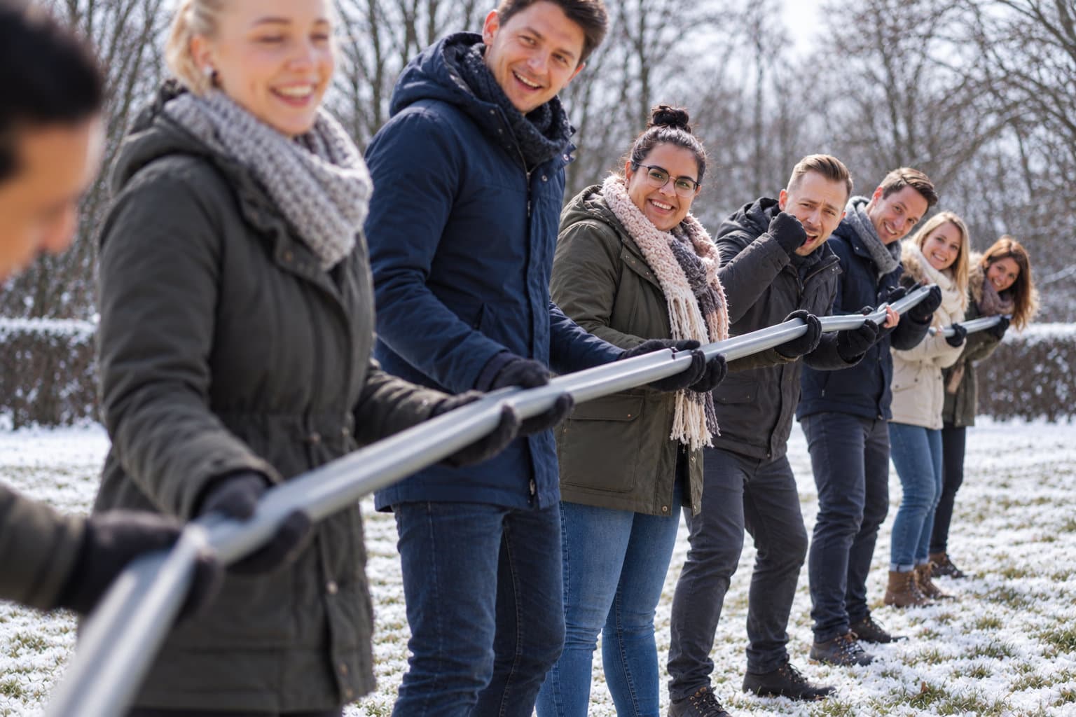 Gruppe löst gemeinsam eine Aufgabe mit Metallstangen im Freien